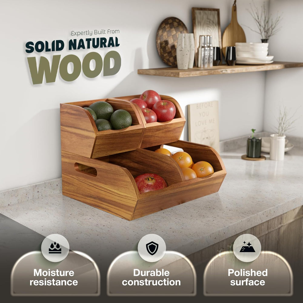 Acacia Wood Pantry Storage Bins - Stackable Open Front Kitchen Baskets