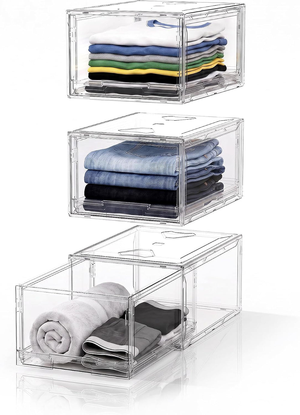 Large Clear Stackable Storage Drawer Organizer for Closet, 3 Pack