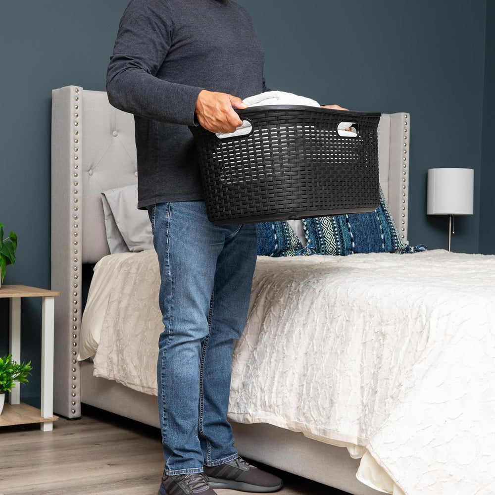 Mind Reader 40L Laundry Basket, Clothes Hamper, Premium Wicker Design, Plasti...