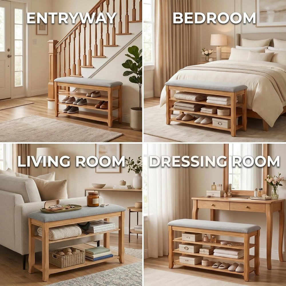 Solid Wood Shoe Bench, 31.5” Shoe Rack for Entryway Storage