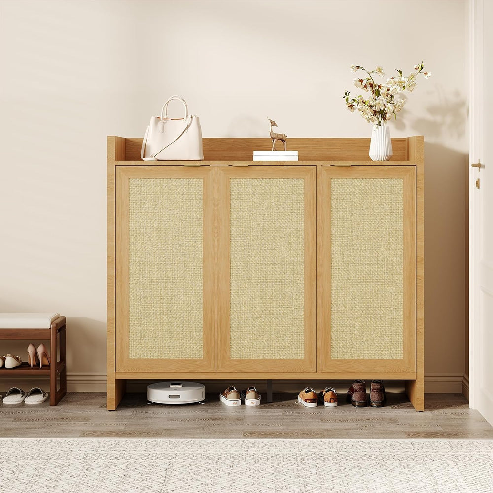 6-Tier 41" Tall Rattan Shoe Storage Cabinet with 3 Doors and Adjustable ...