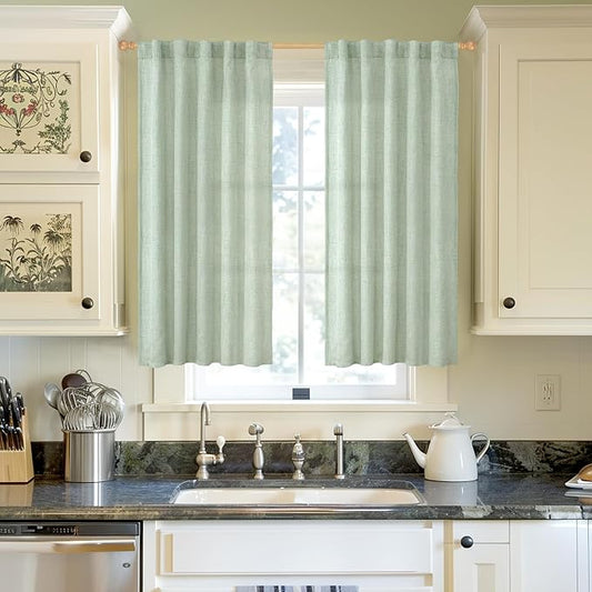 YoungsTex Sage Green Short Linen Curtains 48 Inch Length - Image 2