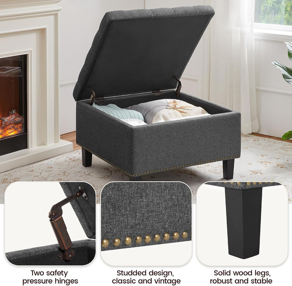 Yaheetech 28in Square Storage Ottoman Coffee Table with Nailhead, Dark Gray