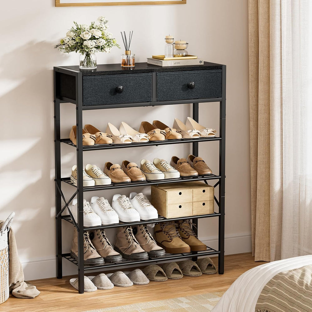 5 Tier Shoe Rack with 2 Drawers, 16-20 Pairs Black Grey