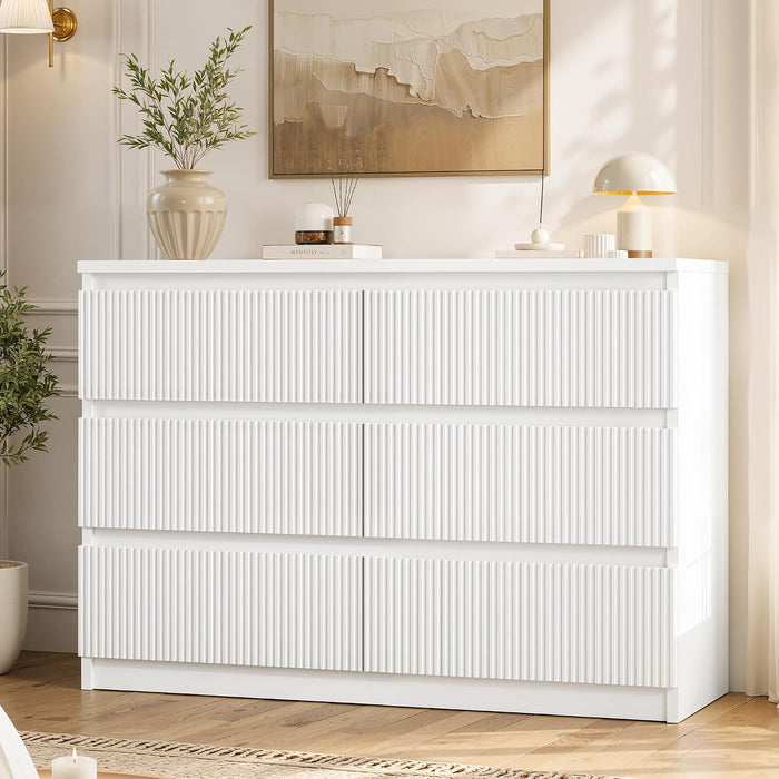 Jocoevol 6 Drawer Fluted Dresser, Modern Chest of Drawers for Bedroom with Hidden Handles, Wood Storage Organizer Cabinet for Living Room & Entryway, White (15.7" D x 47.3" W x 31.6" H)