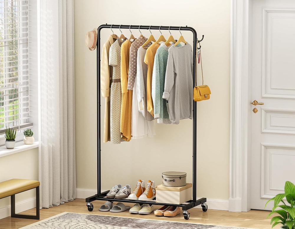 HOMIDEC Clothes Rail, 4 Side Hooks, Storage Shelf and Wheels, Metal, Black