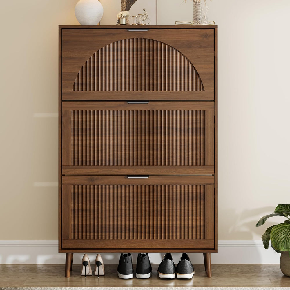 Shoe Storage Cabinet with 3 Flip Drawers, Narrow Wood Shoe Organizer Cabinet ...