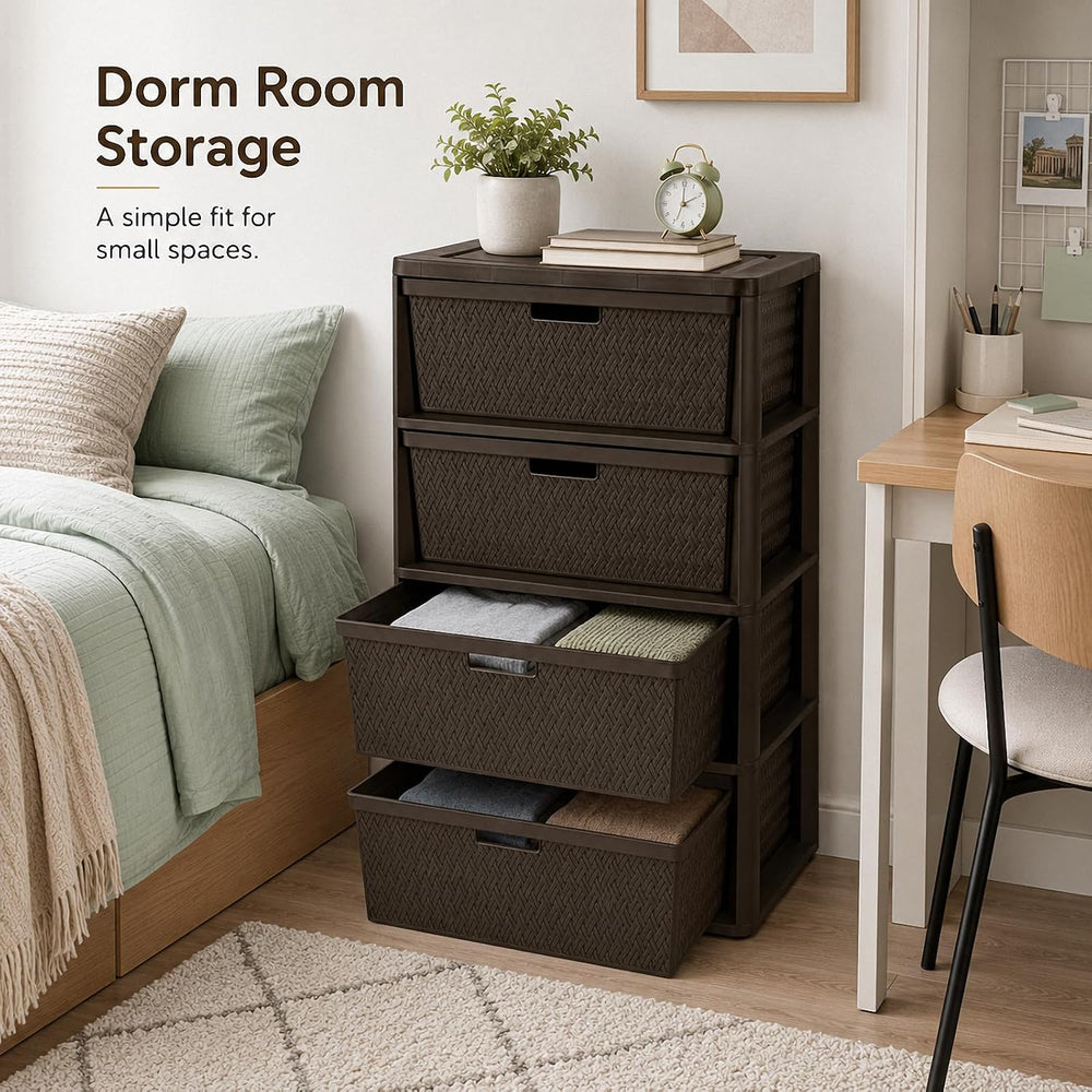 4-Drawer Plastic Storage Tower, Wide Bedroom Closet Storage Chest, Brown