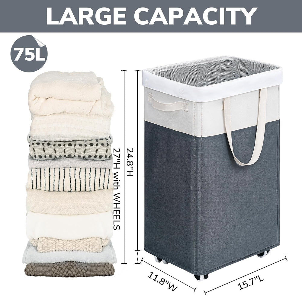 Goodpick 2-Pack Rolling Laundry Basket with Wash Bag, Hamper for Dorm, 75L