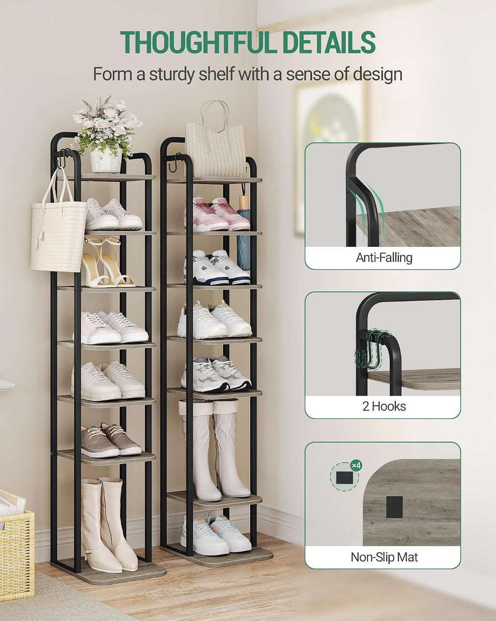Hzuaneri 8 Tiers Vertical Shoe Rack, Narrow Shoe Tower, Tall Shoes Shelf with...