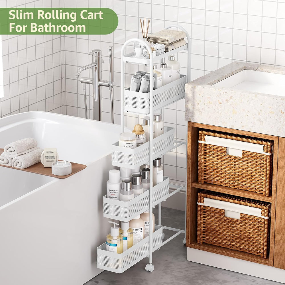 KINGRACK 5 Tier Slim Rolling Cart with Drawer, Metal Utility Storage Cart | 4...