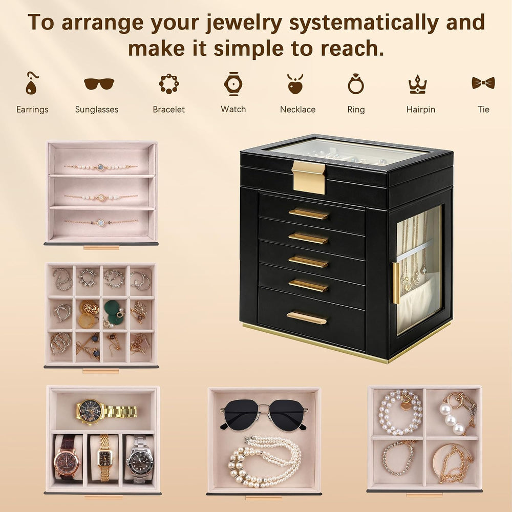 Homeanda Jewelry Boxes with Glass Lid, 6-Layer Large PU Leather, Black