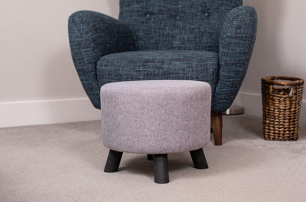 BIRDROCK HOME Grey Linen Foot Stool Ottoman – Soft Compact Round Padded Seat ...