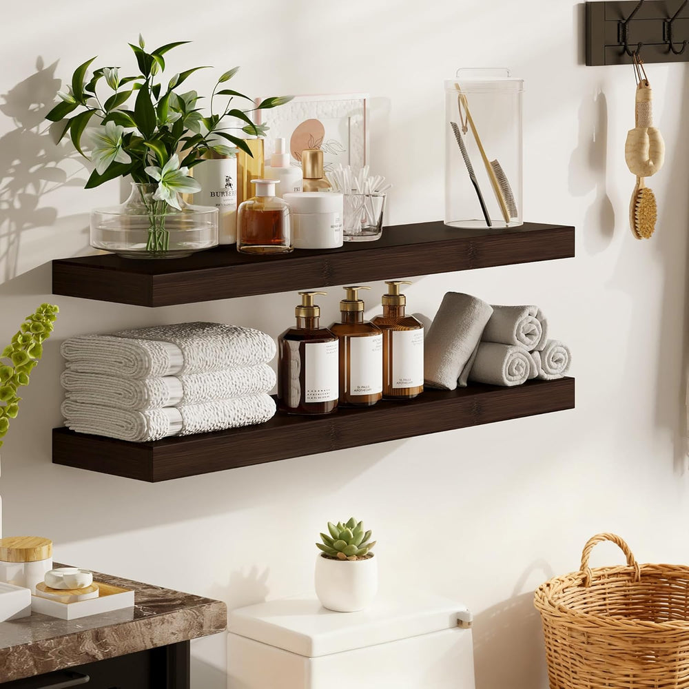 BAMEOS Solid Bamboo Floating Shelves, Set of 2 with Invisible Brackets, Natur...