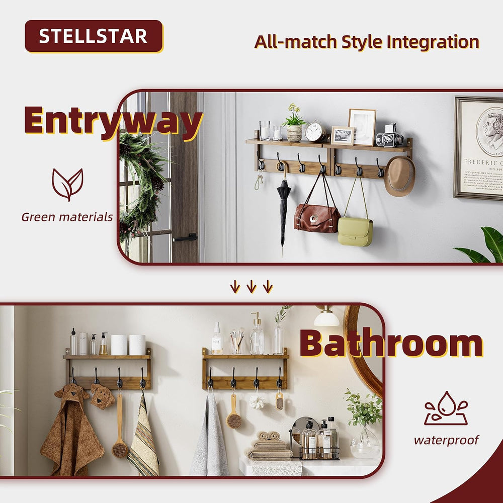 STELLSTAR Coat Rack with Shelf Wall Mount, Entryway Bamboo Hanging Shelf, Set...