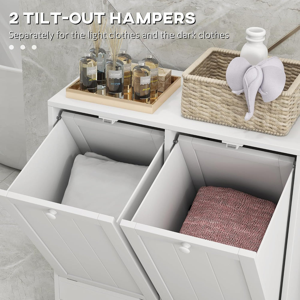 kleankin Double Tilt Out Laundry Hamper Cabinet with Storage 2 Doors White