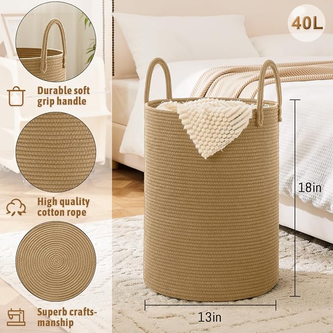 Laundry Basket, Woven Cotton Rope Laundry Hamper, 40L - Image 6