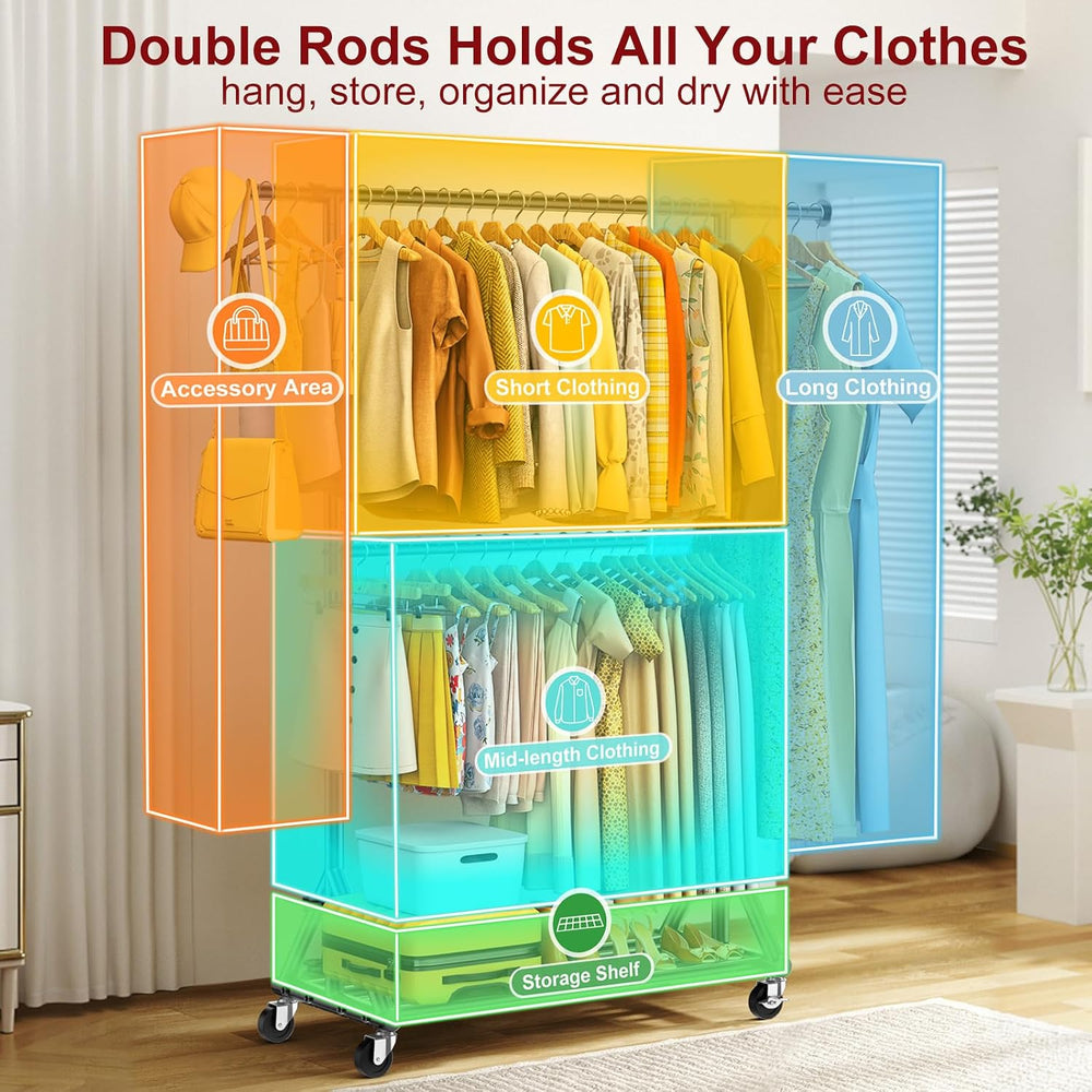 Heavy Duty Clothes Rack Load 760 LBS, Double Tier Rolling Garment Rack with W...