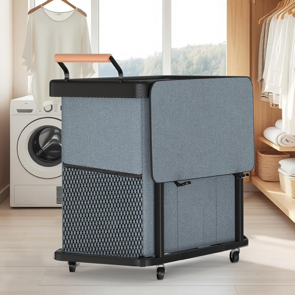 Rolling Laundry Hamper with Wheels, Laundry Hamper 3 Section with Lid Gray