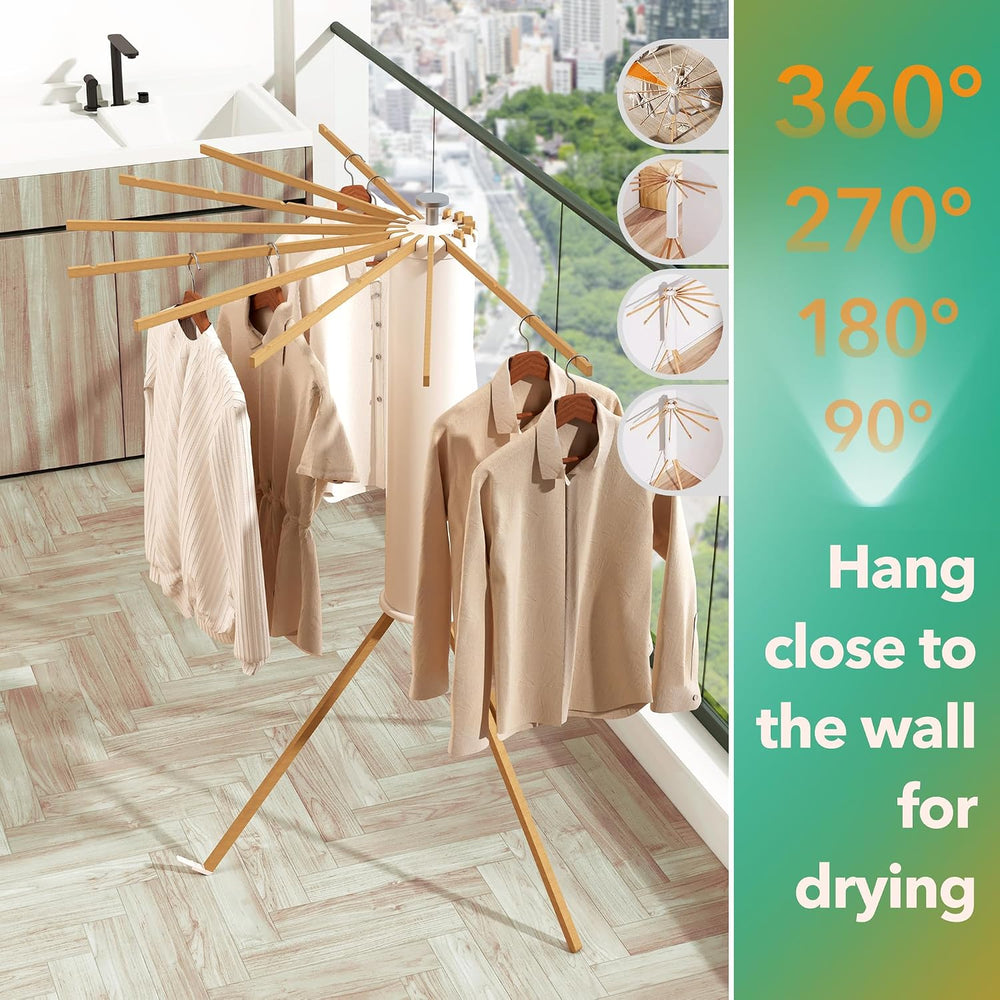 Heavy-Duty Wooden Tripod Clothes Drying Rack, 16 Rods, Large Capacity, 360° A...