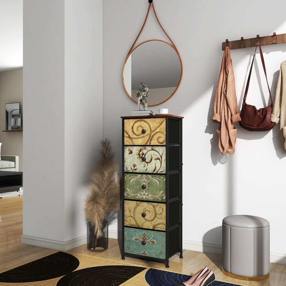 Tohomeor Small Dresser for Bedroom with Retro Flower Narrow Drawers Slim Ches...