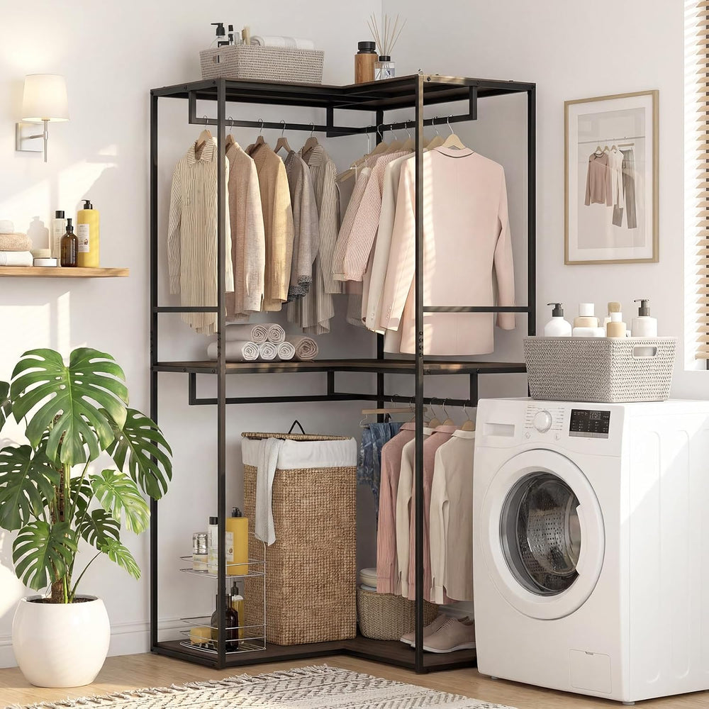 GIANTEX Heavy Duty Clothes Rack, 3-Tier L-Shaped Garment Rack w/3 Open Shelve...