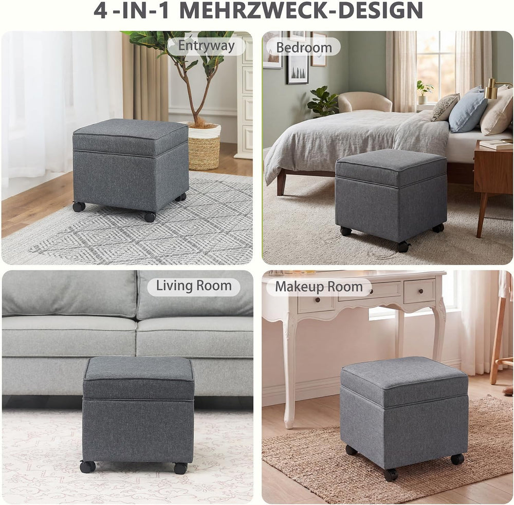 17" Square Storage Ottoman with Wheels, Upholstered Linen Movable Cube F...