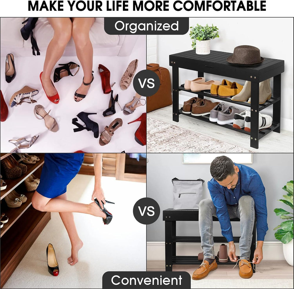 3-Tier Bamboo Shoe Rack Bench, Entryway Bench with Storage Drawer, Black