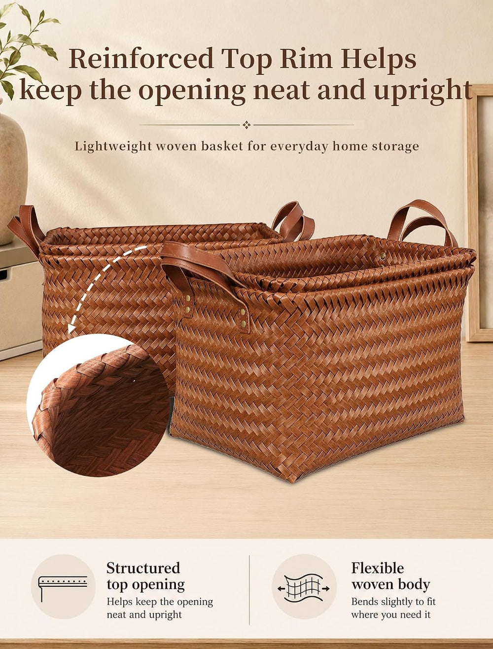 Wicker Storage Baskets, 4 Pack Woven Baskets for Shelves, Brown