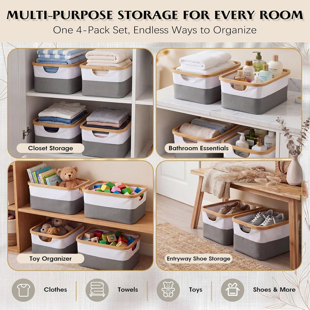 Hushee 4 Pack Bamboo Fabric Storage Bins for Shelves, 15"x10"x7.9&q...