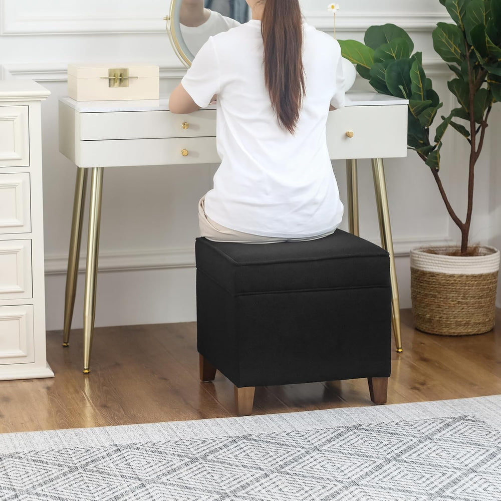 Adeco 17.5" Square Fabric Ottoman with Storage - Upholstered Cotton Line...