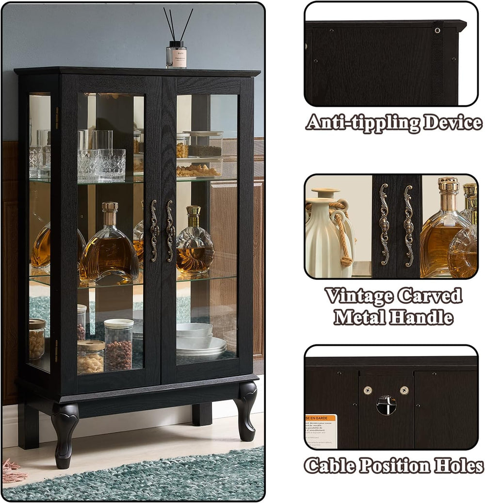 43" H Lighted Wooden Curio Cabinet, Freestanding Glass Display Case with...