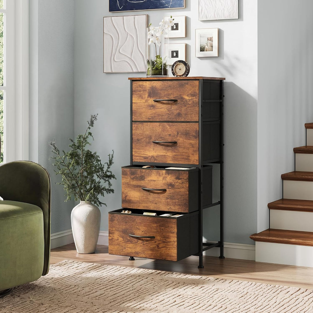 WLIVE Small Dresser Nightstand for Bedroom, 4 Drawers, Rustic Brown