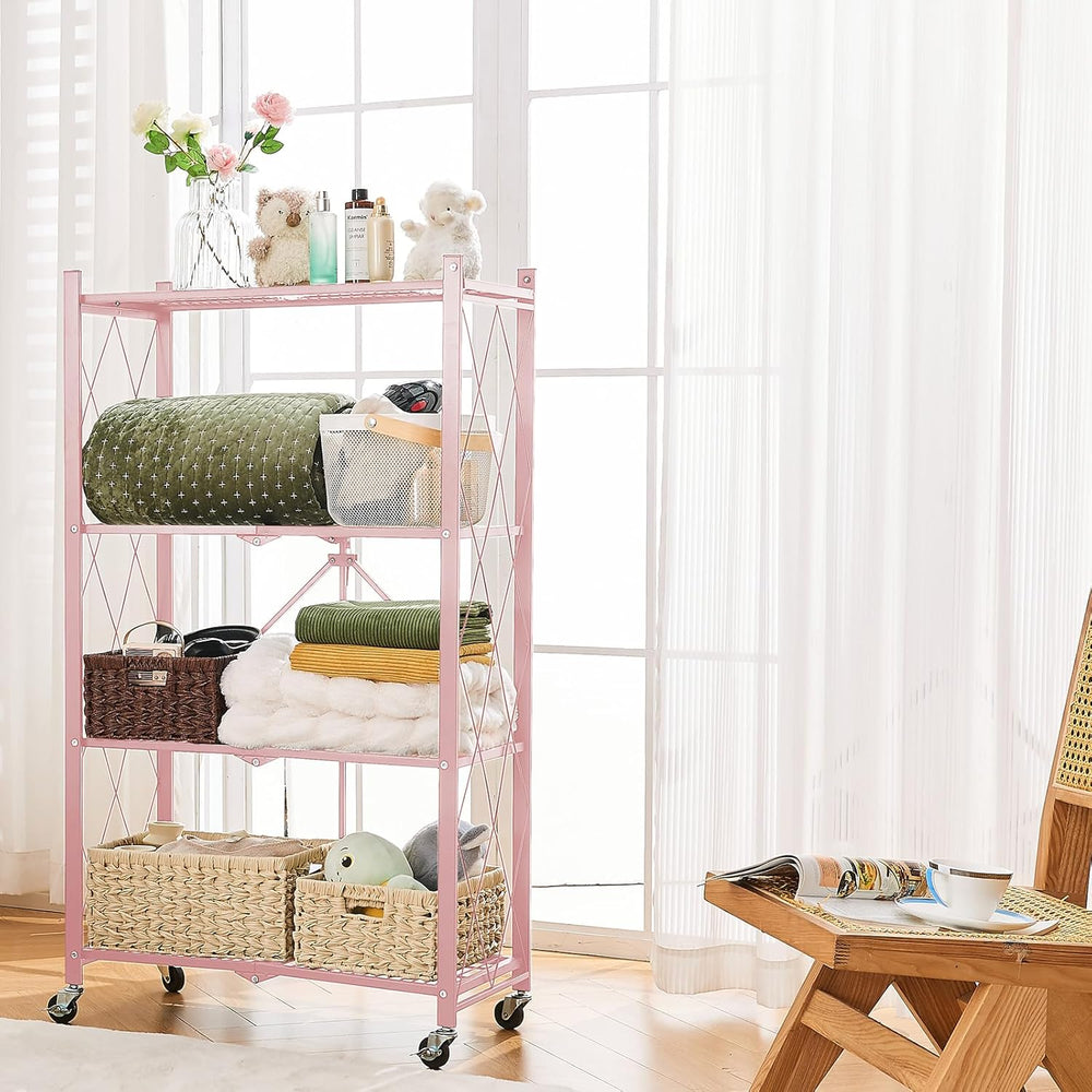 BRIAN & DANY 4-Tier Foldable Storage Shelves with Wheels, Folding Metal R...