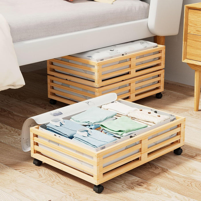Bamboo Under Bed Storage with Wheels Rolling Underbed Drawer with Lids
