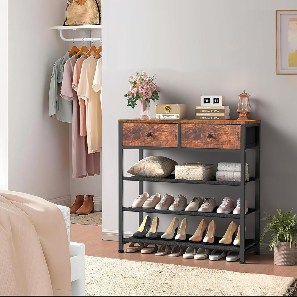 usikey Shoe Rack, 4 Tier Shoe Storage Organizer with 2 Drawers, Metal Shoe Sh...