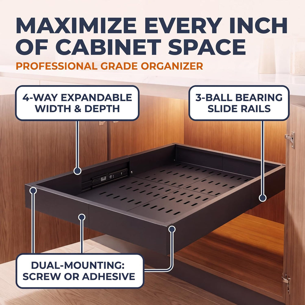 Expandable Pull Out Cabinet Organizer | 4-Way Adjustable Carbon Steel
