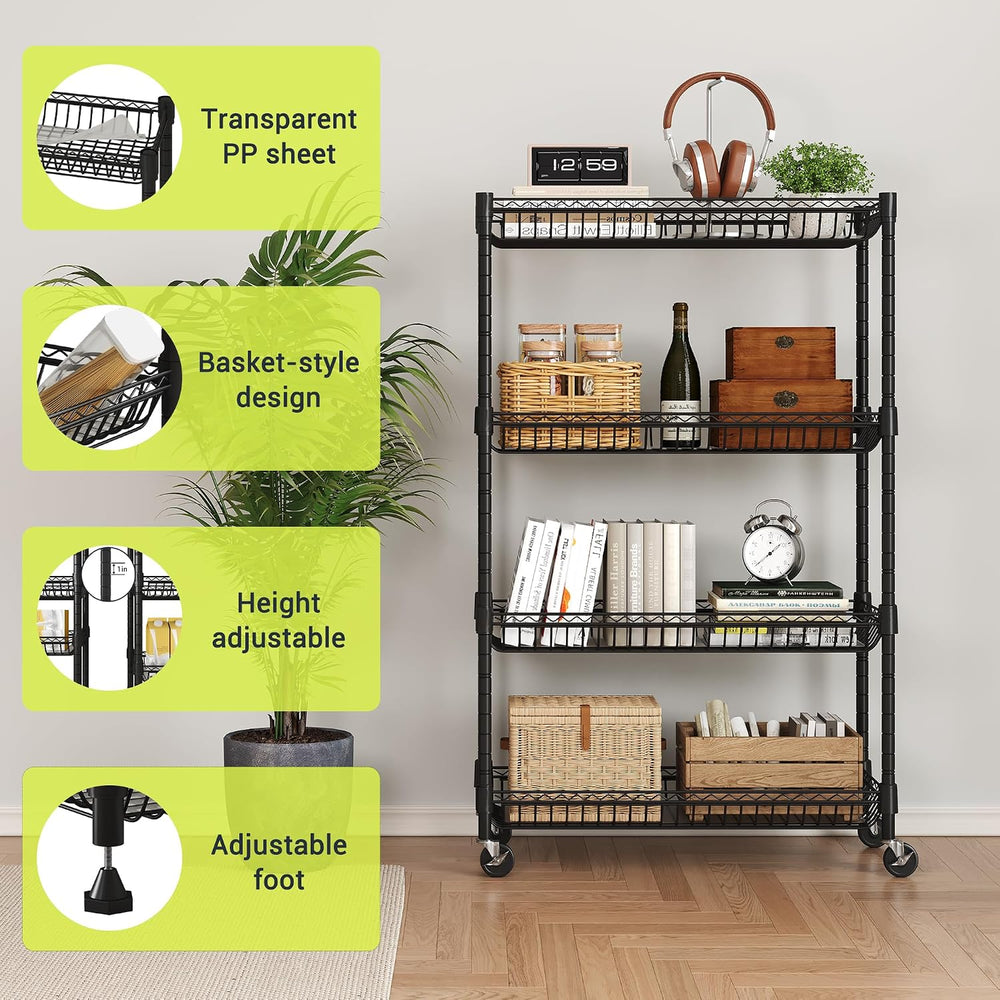 4-Tier Rolling Storage Shelves with Wire Baskets,30x13.5x44.5in