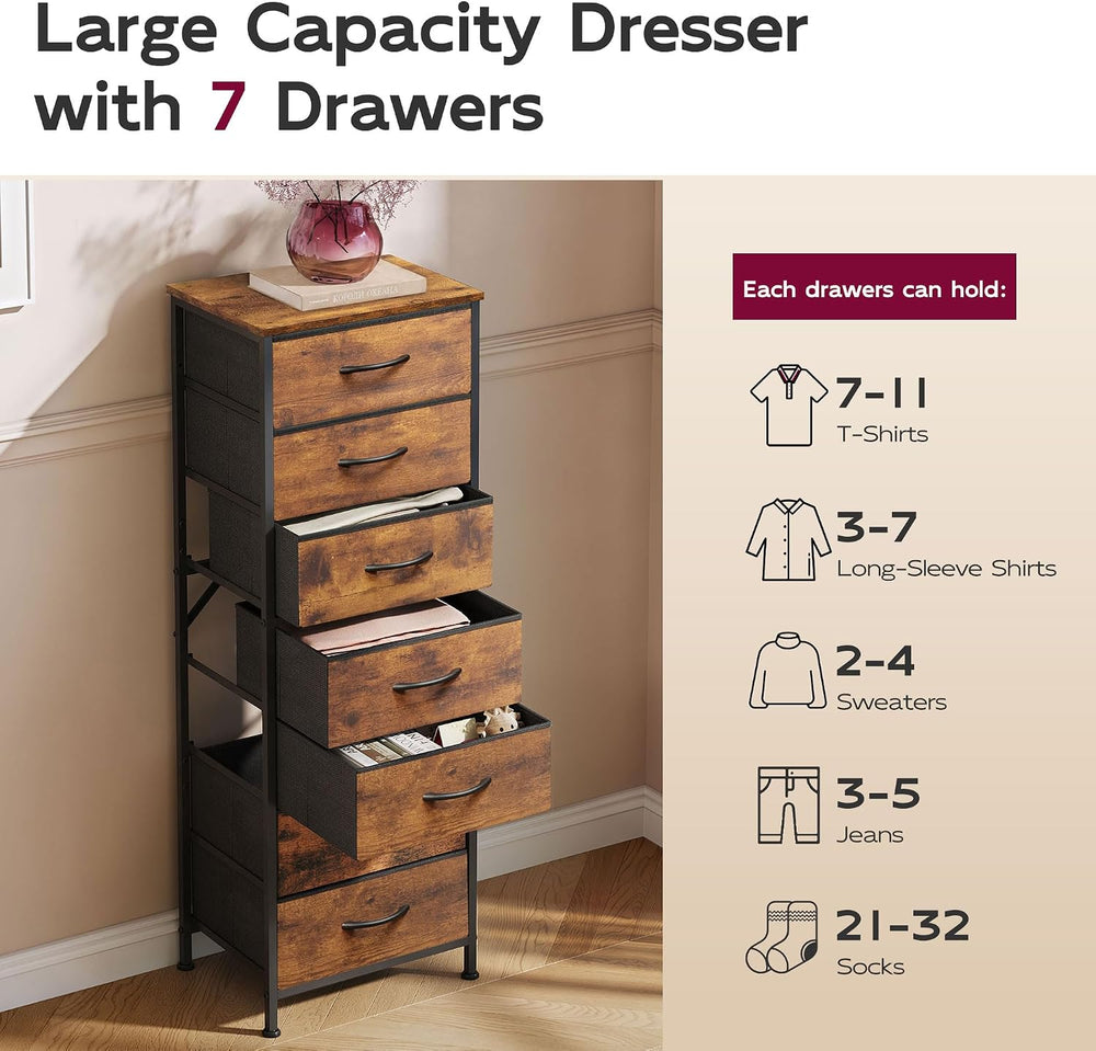 WLIVE Tall Dresser for Bedroom, 7 Drawer Dresser, Rustic Brown