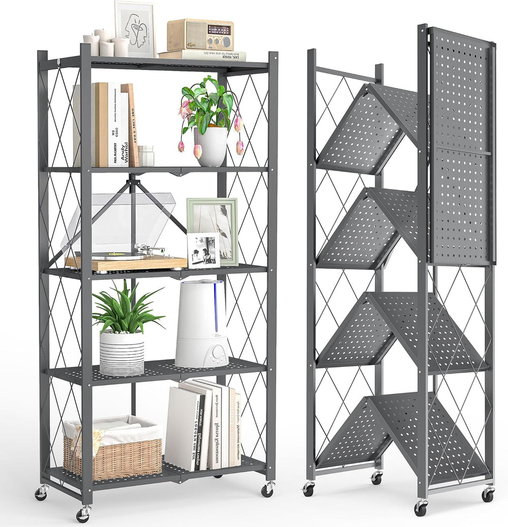 Fenbeli Foldable Shelves with Wheels - 5 Tier Folding Shelf, Collapsible No A...
