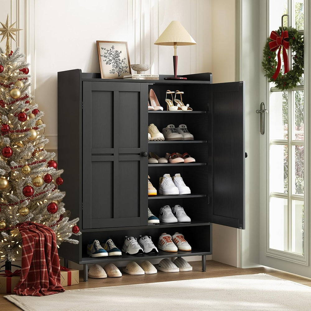 ComfyCorner Shoe Cabinet with Cross Molding Doors, 6-Tier Storage, Black