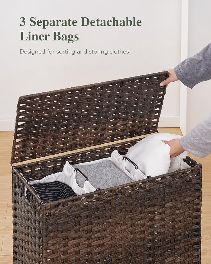 Laundry Hamper with Lid 132 L, Clothes Hamper with Lid, Handwoven Rattan
