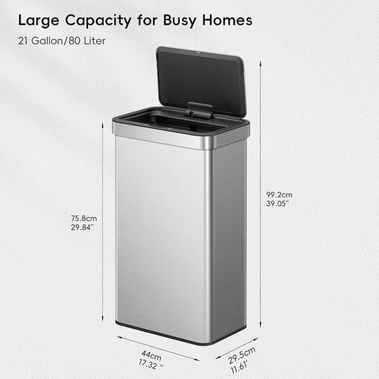 EKO Nova Sensor Trash Can, 21 Gallon/80 Liter Stainless Steel Rectangular - Image 2
