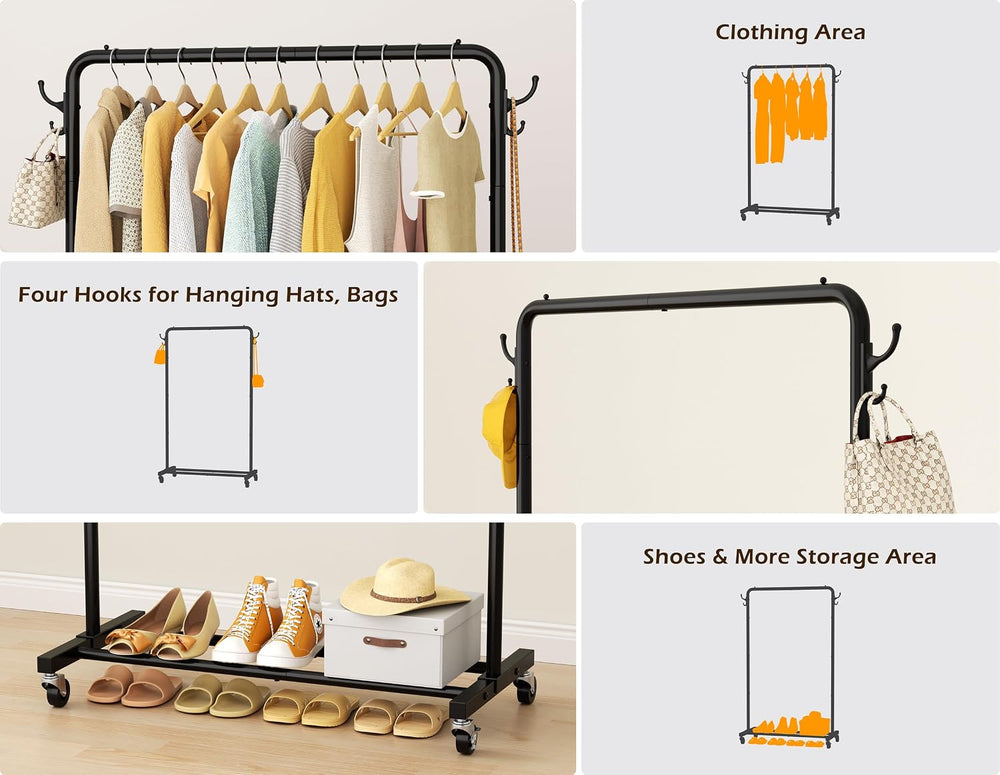 HOMIDEC Clothes Rail, 4 Side Hooks, Storage Shelf and Wheels, Metal, Black