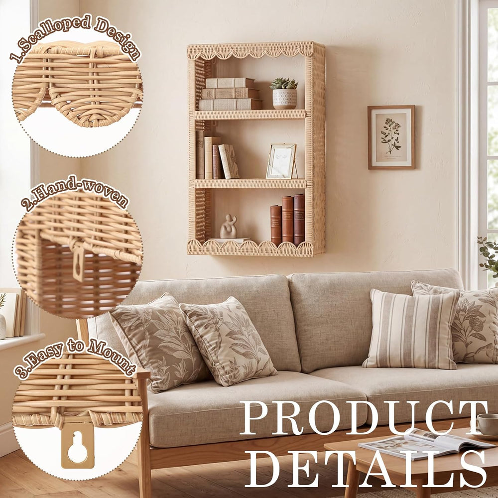 Pinkunn Scalloped Rattan Wall Hanging Storage Shelf Boho Wall Decor and Woven...