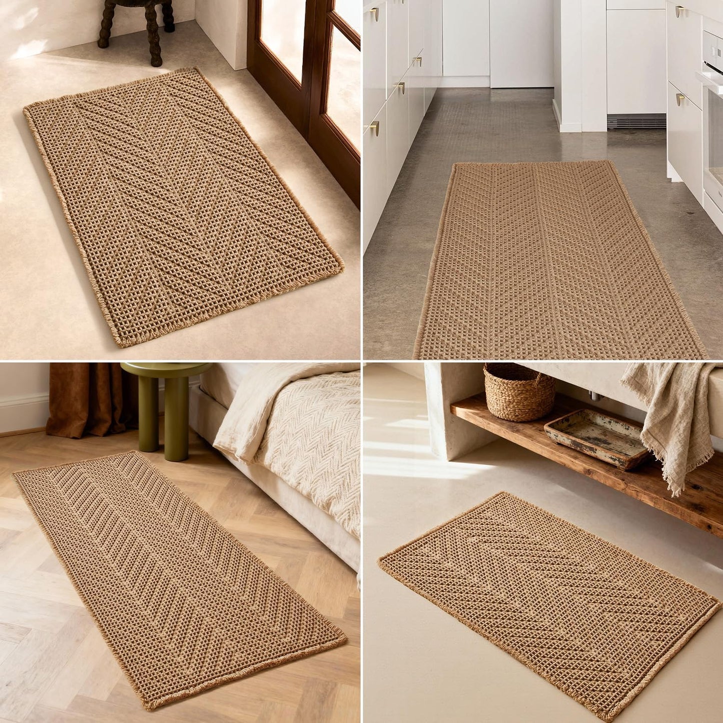 Sunfly Boho Bathroom Rug, Herringbone Waffle Bath Mat Non-Slip Washable Super Absorbent Quick Dry, Farmhouse Bath Mat for Bathroom Floor Decor 20"*30" Khaki