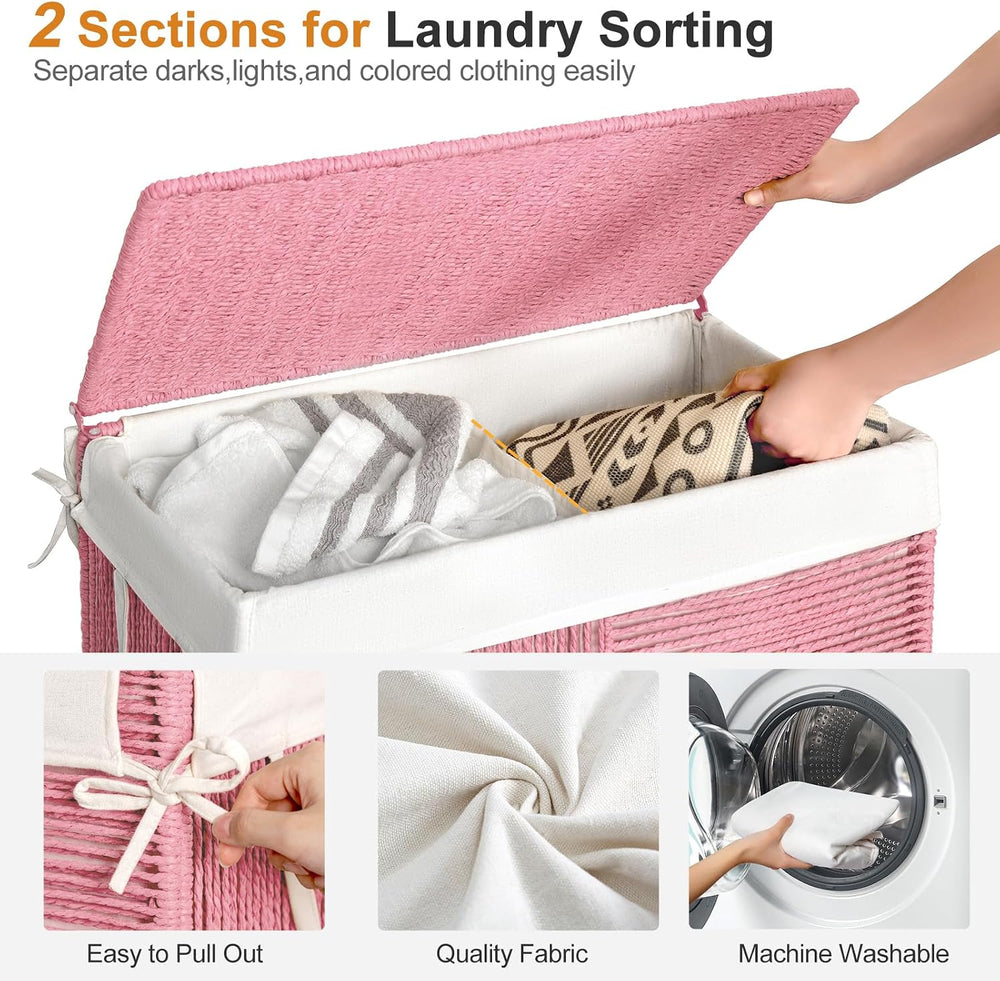 WOWLIVE Double Laundry Hamper with Wheels, Handwoven Rolling Laundry Basket