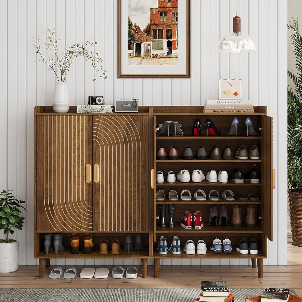 Smuxee Walnut Shoe Cabinet with Line Groove Design, 6-Tier Shoe Storage Cabin...