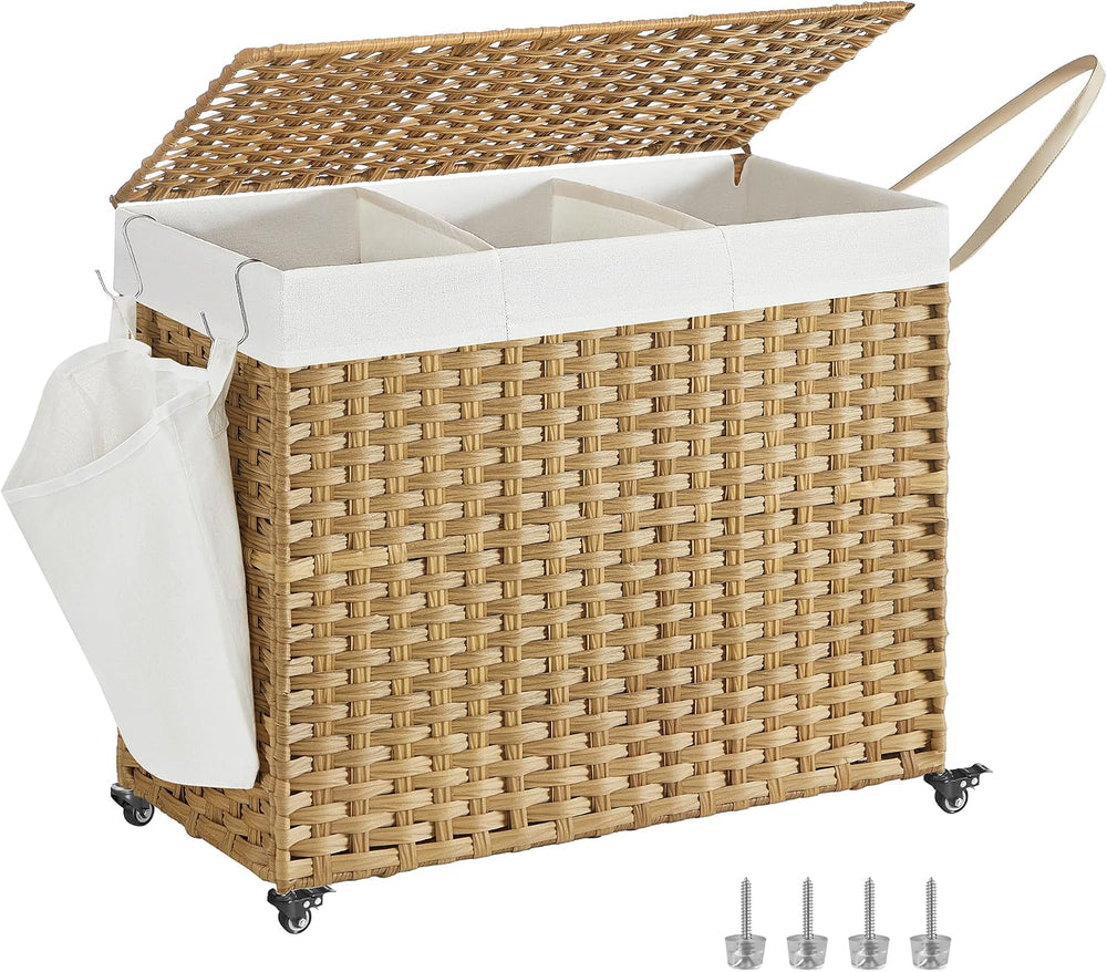 SONGMICS Rolling Laundry Hamper with Lid, 160 L 3-Section Synthetic Rattan