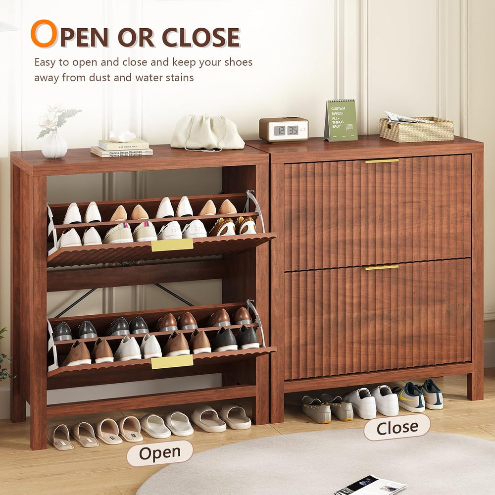 Fluted Shoe Cabinet Storage with 2 Flip Drawers for Entryway, Hallway